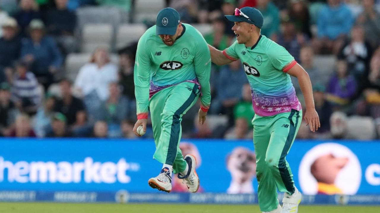 Jason Roy and Sam Curran celebrate another wicket, Oval Invincibles vs Southern Brave, Ageas Bowl, August 19, 2023