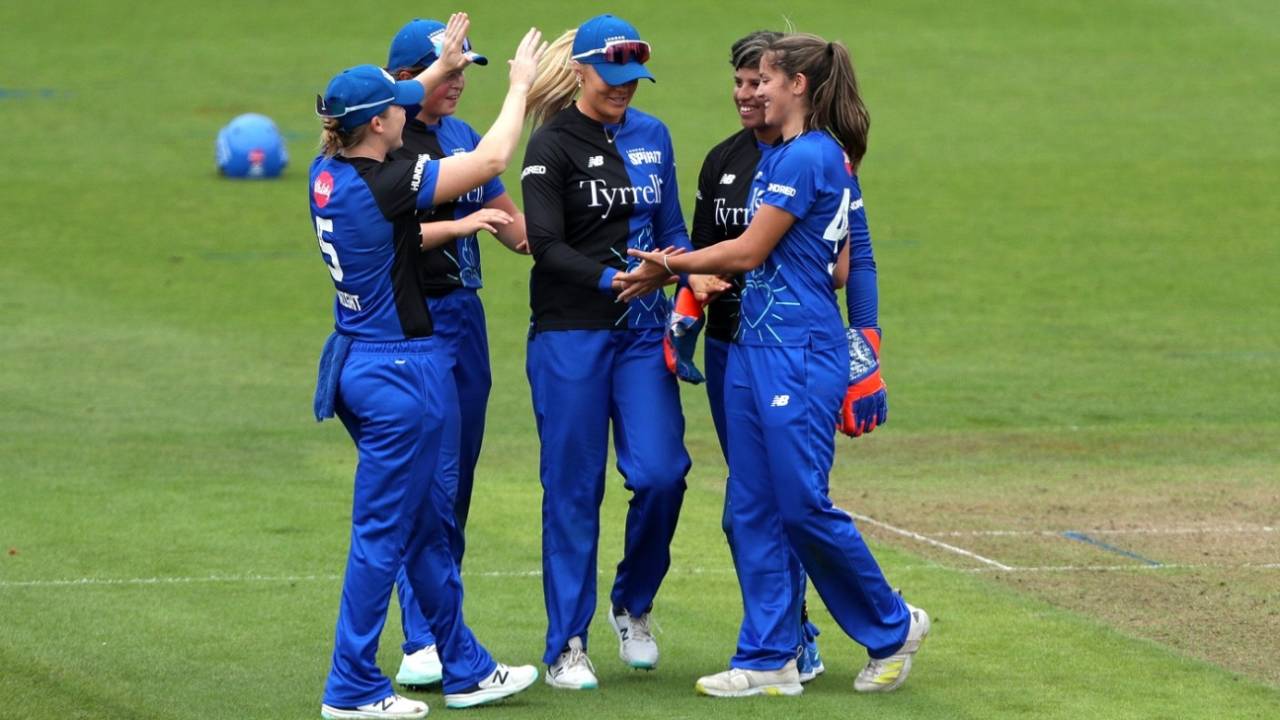 Sophie Munro celebrates with her team-mates, Welsh Fire vs London Spirit, Women's Hundred, Cardiff, August 20, 2023