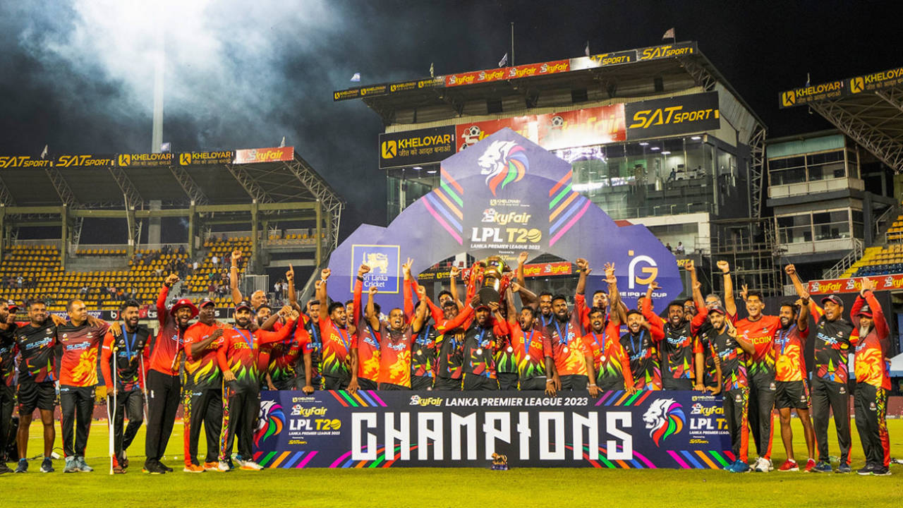 Kandy celebrate their title victory, Dambulla Aura vs B-Love Kandy, LPL 2023, final, R Premadasa Stadium, Colombo, August 20, 2023