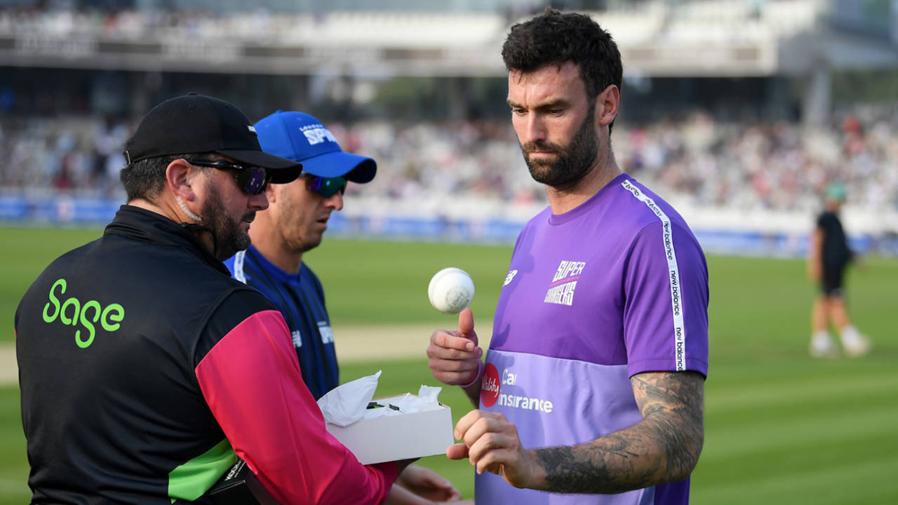 Reece Topley and Dan Worrall inspect a box of balls, London Spirit vs Northern Superchargers, Lord's, The Hundred Men's, August 18, 2023