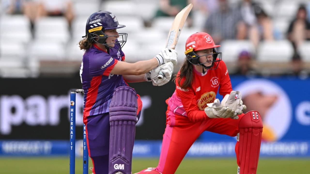 Marie Kelly sweeps during her unbeaten 69, Northern Superchargers vs Welsh Fire, Women's Hundred, Headingley, August 22, 2023