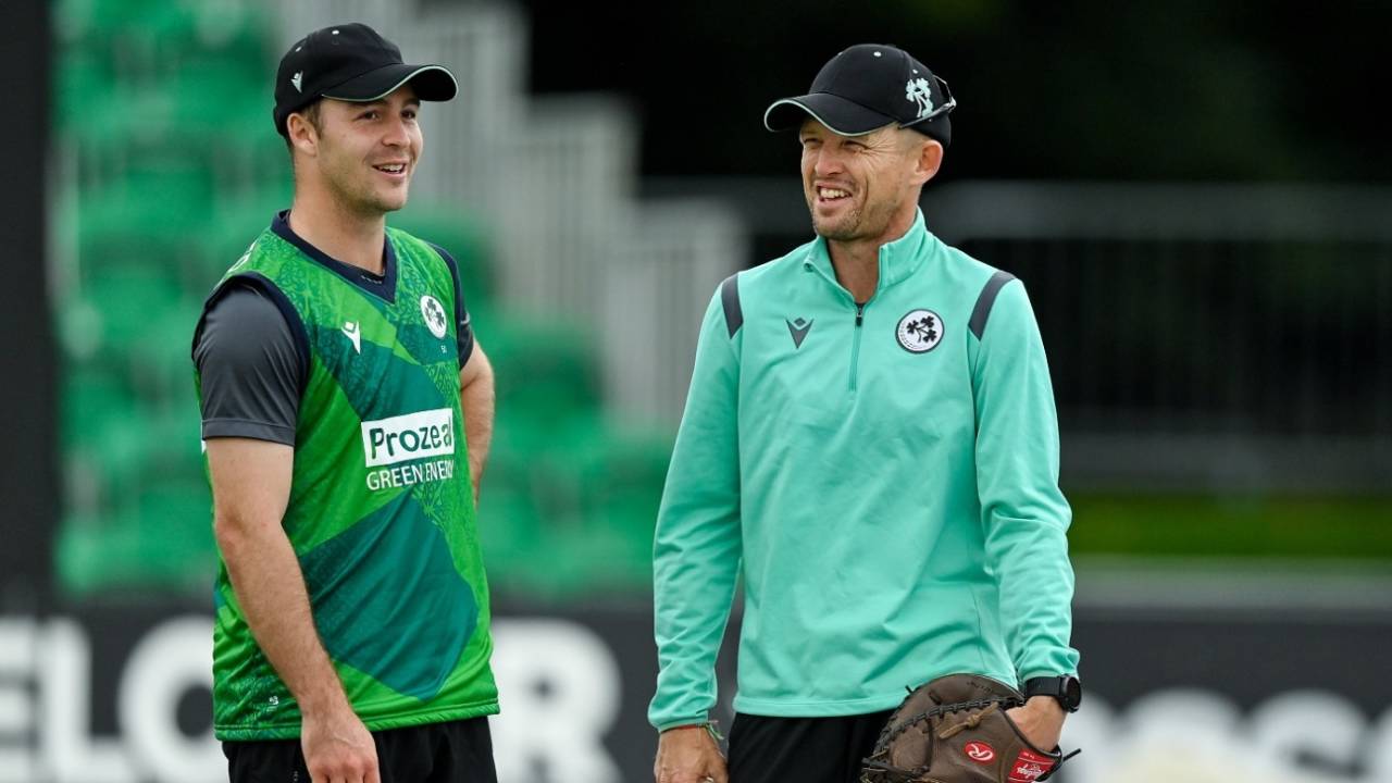 Allrounder Curtis Campher, seen here with head coach Heinrich Malan, did not bowl in the first two T20Is, Ireland vs India, 3rd T20I, Dublin, August 23, 2023