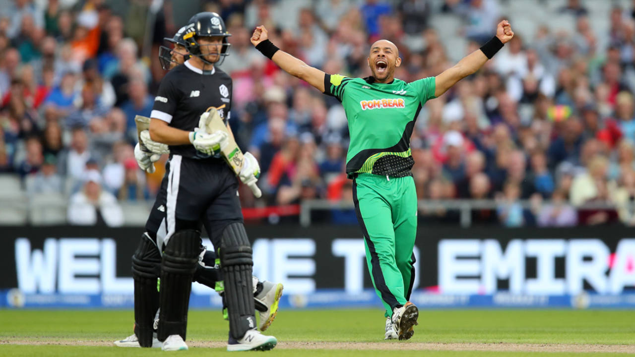 Tymal Mills celebrates the wicket of Phil Salt, Men's Hundred, Manchester Originals vs Southern Brave, Emirates Old Trafford, August 23, 2023