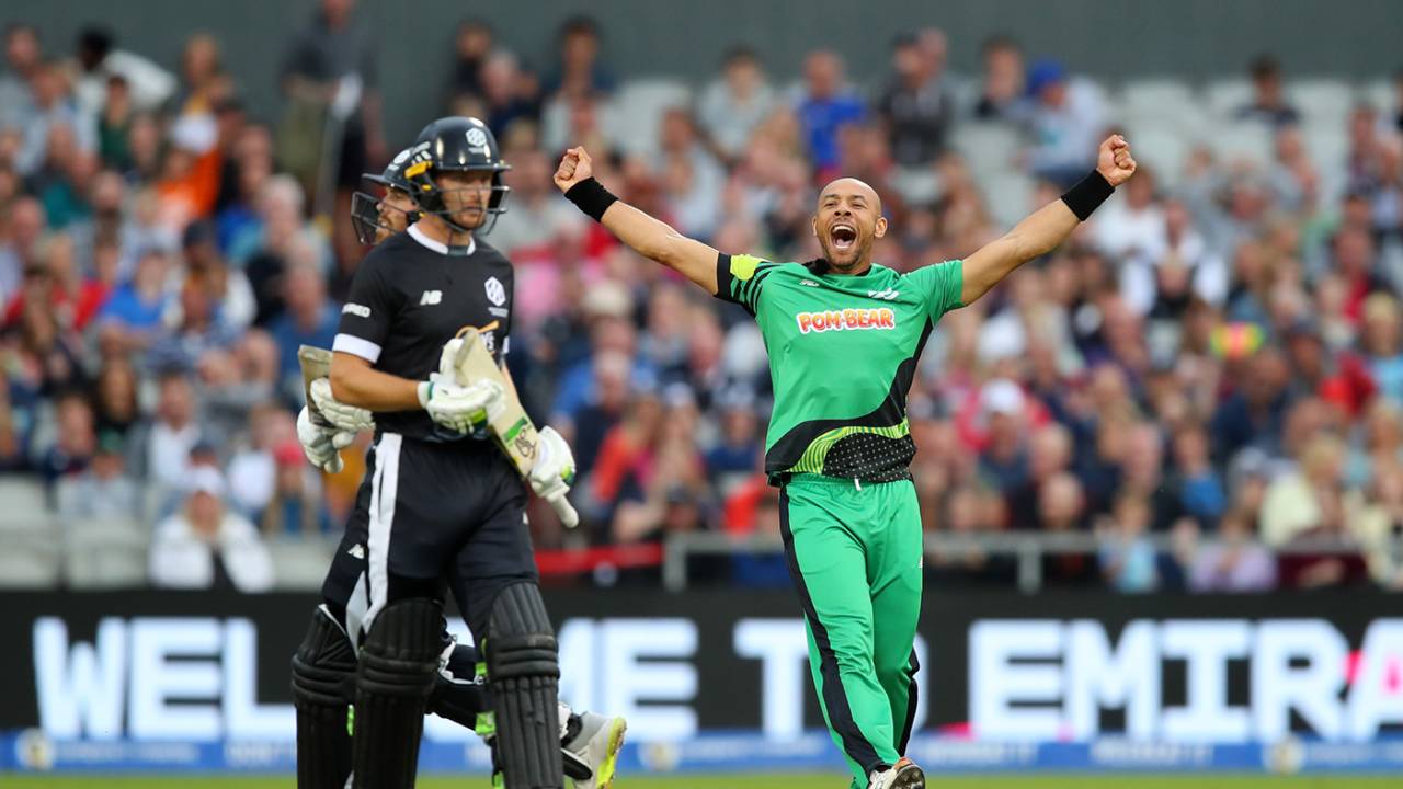 Tymal Mills celebrates the wicket of Phil Salt, Men's Hundred, Manchester Originals vs Southern Brave, Emirates Old Trafford, August 23, 2023