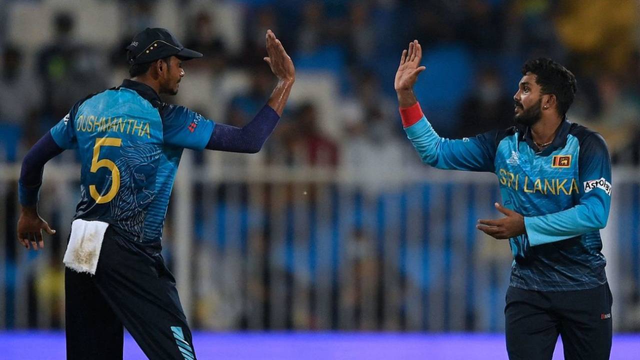 Wanindu Hasaranga, who picked up three wickets, celebrates with Dushmantha Chameera, Netherlands vs Sri Lanka, Men's T20 World Cup, Sharjah, October 22, 2021