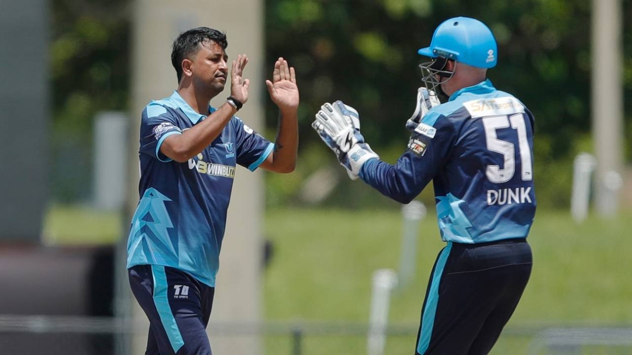 Pragyan Ojha and Ben Dunk celebrate a wicket, Texas Chargets v Atlanta Riders, US Masters T10, Lauderhill, August 25, 2023