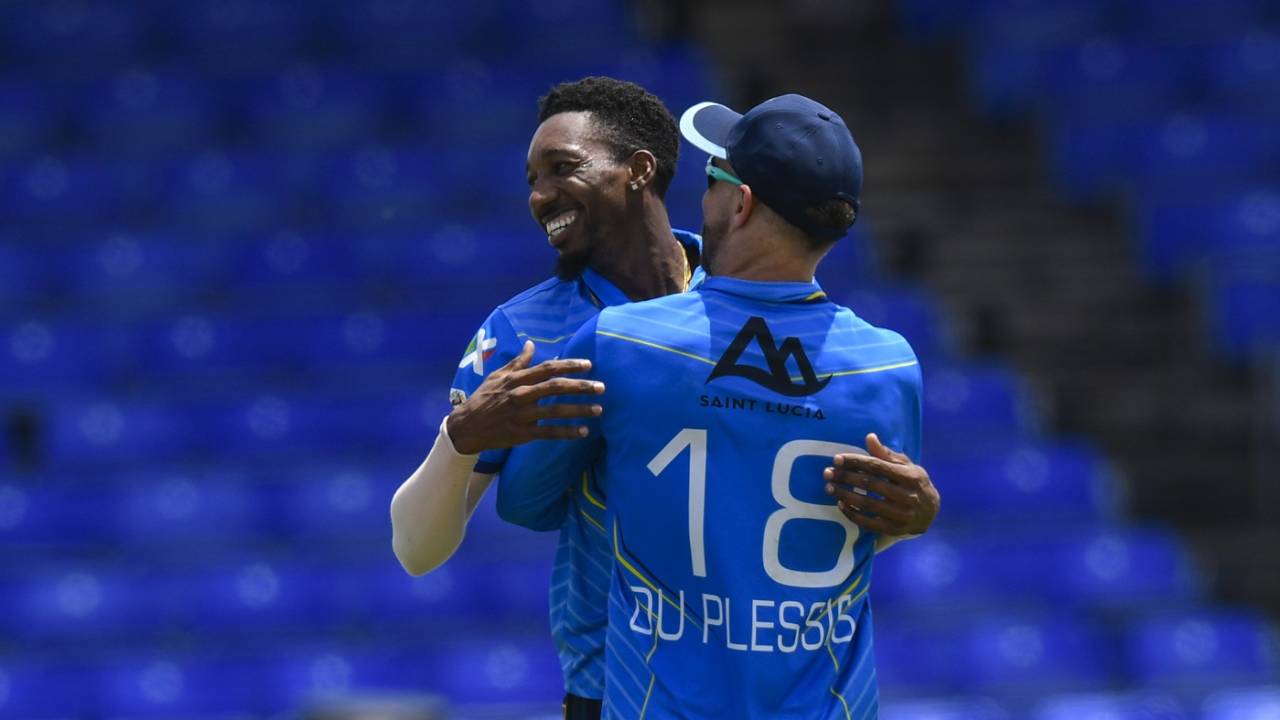 Khary Pierre is congratulated by Faf du Plessis