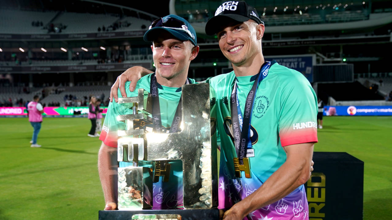 Sam and Tom Curran pose with the Hundred trophy, Oval Invincibles vs Manchester Originals, Men's Hundred final, Lord's, August 27, 2023