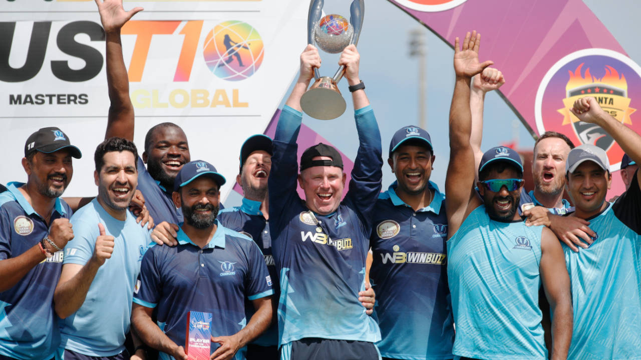 The Texas Chargers players hold aloft the trophy after winning the final via a Super Over, New York Warriors vs Texas Chargers, US Masters T10 final, Lauderhill, August 27, 2023