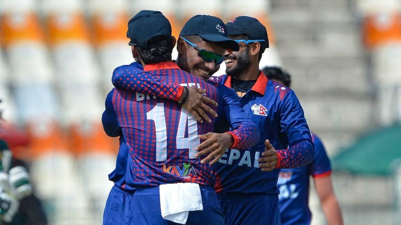 Rohit Paudel celebrates with team-mates after his direct hit sent Imam-ul-Haq back, Pakistan vs Nepal, Asia Cup 2023, Multan, August 30, 2023