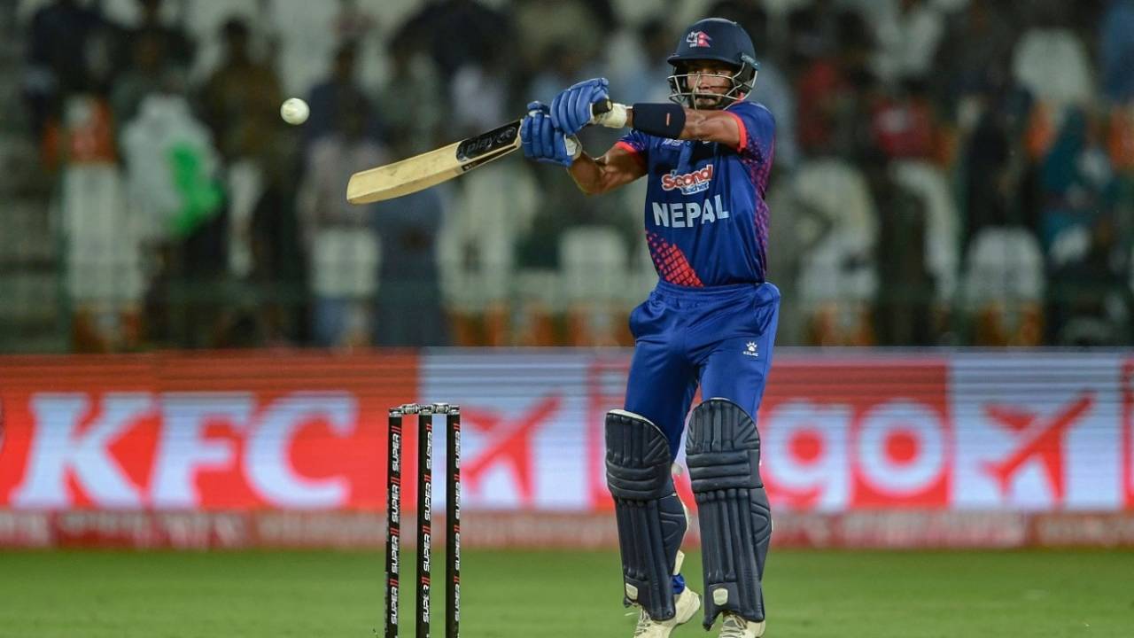 Aarif Sheikh shapes to slap the ball, Pakistan vs Nepal, Asia Cup 2023, Multan, August 30, 2023