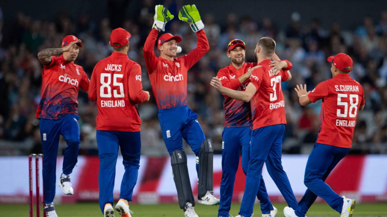 England's fielders celebrate as Gus Atkinson claims Devon Conway for his first international wicket, England vs New Zealand, 2nd T20I, Old Trafford, September 1, 2023