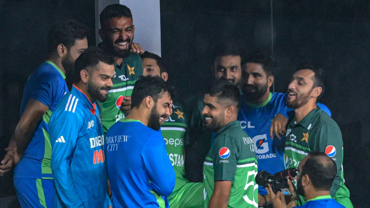 Virat Kohli shares a light moment with Pakistan players after the match was called off, India vs Pakistan, Asia Cup, Pallekele, September 2, 2023