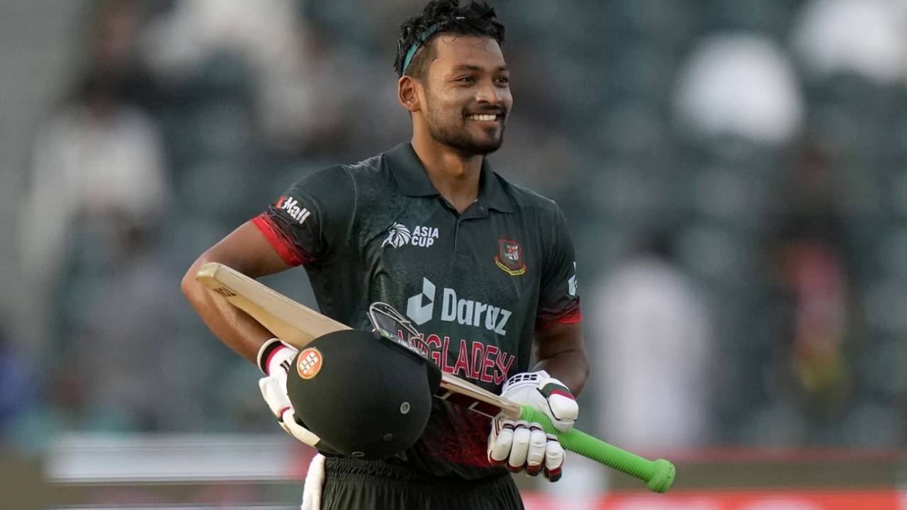 Najmul Hossain Shanto with a unique celebration after reaching his ODI century, Afghanistan vs Bangladesh, Group B, Asia Cup, Lahore, September 3, 2023