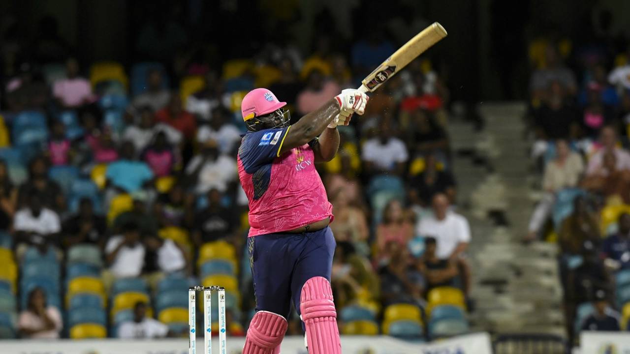 In full swing: Rahkeem Cornwall thrashed 12 sixes in his knock of 102, Barbados Royals vs St Kitts and Nevis Patriots, CPL 2023, Bridgetown, September 03, 2023