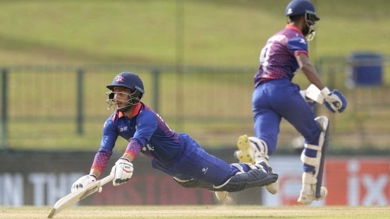 Bhim Sharki has to cut through the air to complete a run, India vs Nepal, Asia Cup, Pallekele, September 4, 2023