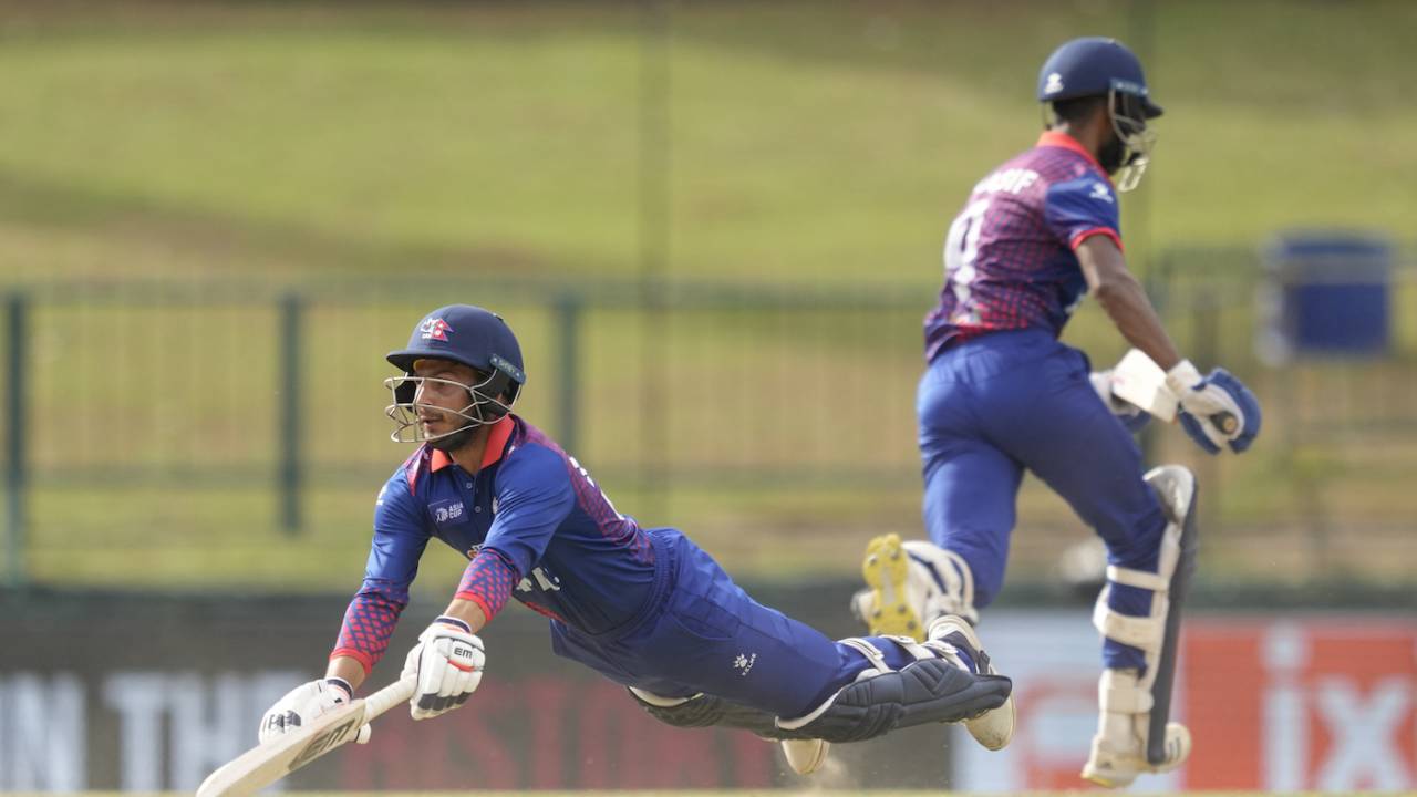 Bhim Sharki has to cut through the air to complete a run, India vs Nepal, Asia Cup, Pallekele, September 4, 2023