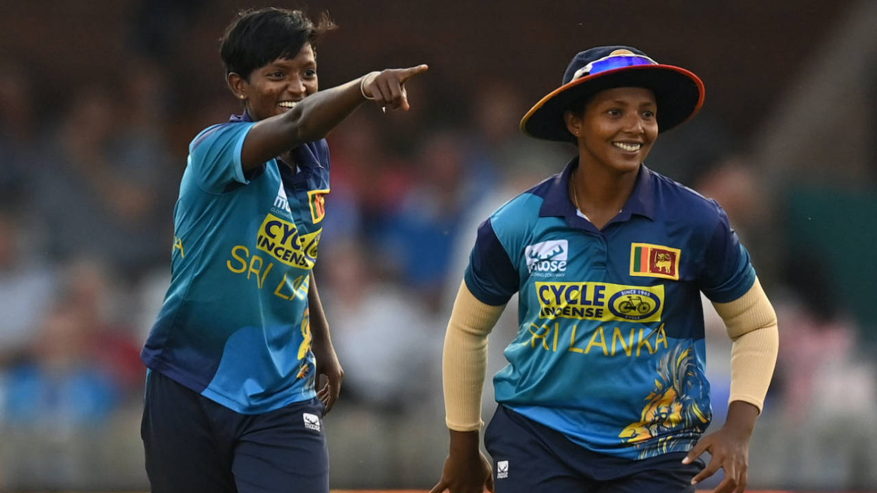 Kavisha Dilhari and Hasini Perera celebrate a wicket, England vs Sri Lanka, 3rd women's T20I, Derby, September 6, 2023