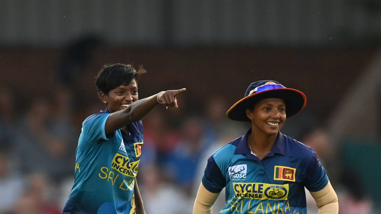 Kavisha Dilhari and Hasini Perera celebrate a wicket