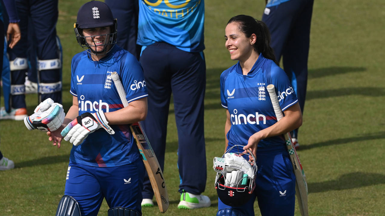 Nat Sciver-Brunt and Maia Bouchier walk off after completing victory, England vs Sri Lanka, 1st women's T20I, Chester-le-Street, September 9, 2023