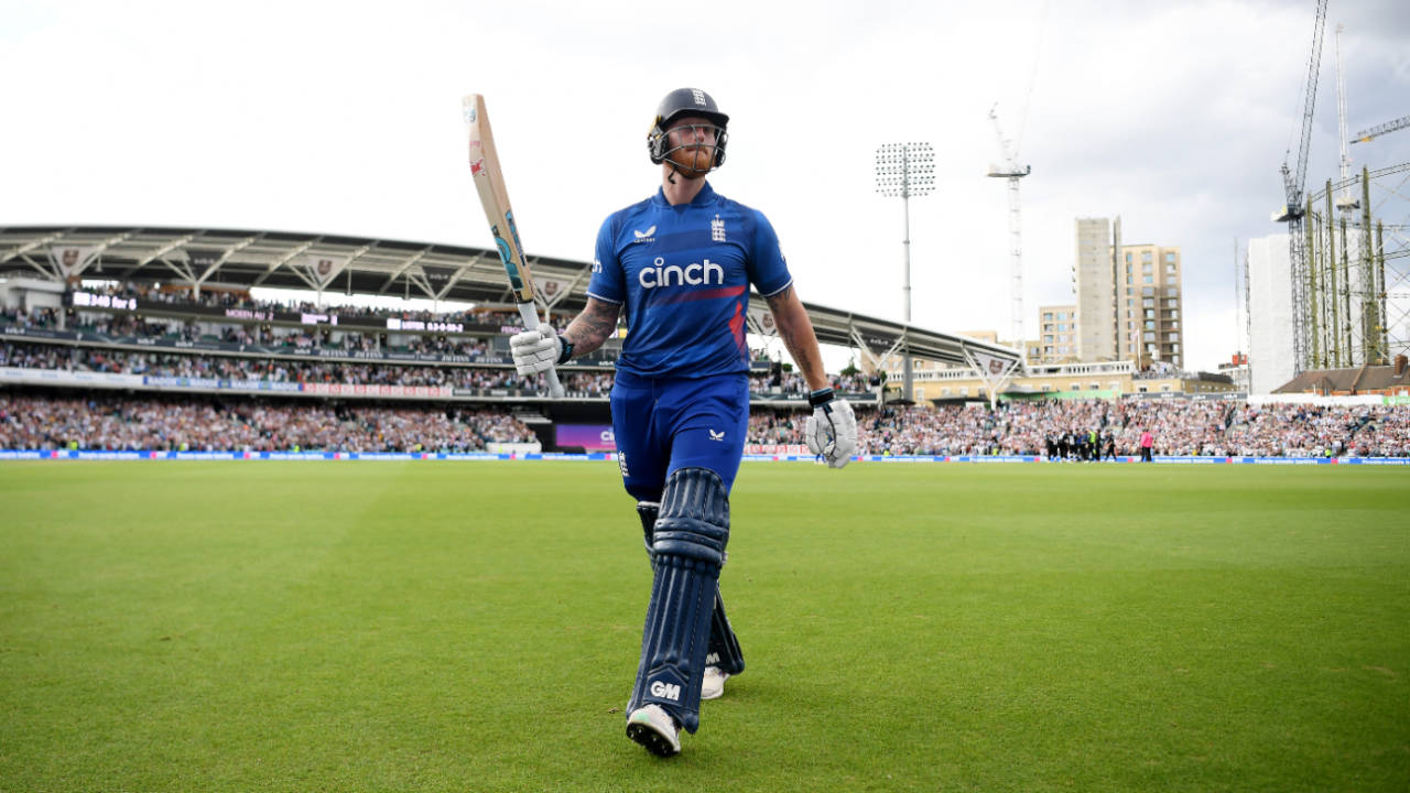 Ben Stokes acknowledges the crowd after falling for an England ODI record 182, England vs New Zealand, 3rd ODI, The Oval, September 13, 2023