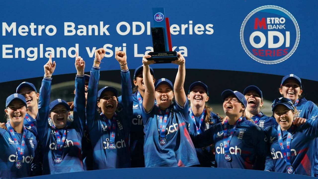 Nat Sciver-Brunt holds the series trophy aloft, England vs Sri Lanka, 3rd women's ODI, Grace Road, September 14, 2023