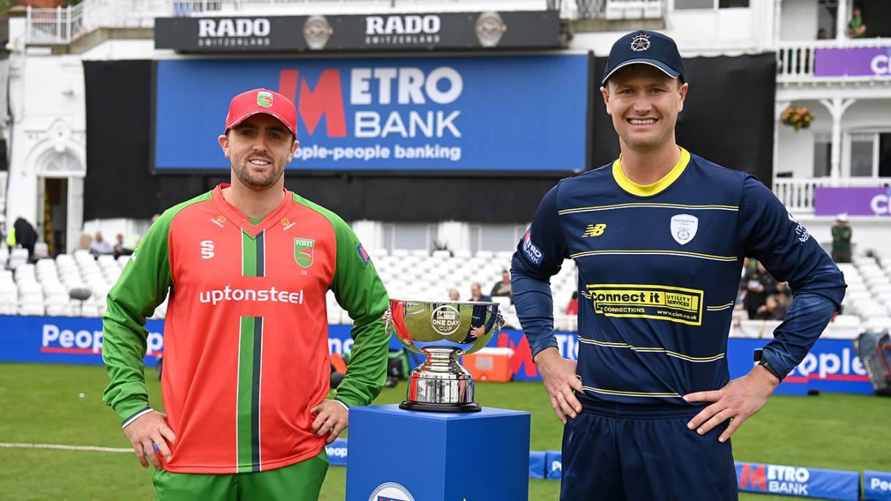 Lewis Hill and Nick Gubbins pose with the trophy, Leicestershire vs Hampshire, Metro Bank Cup final, Trent Bridge, September 16, 2023
