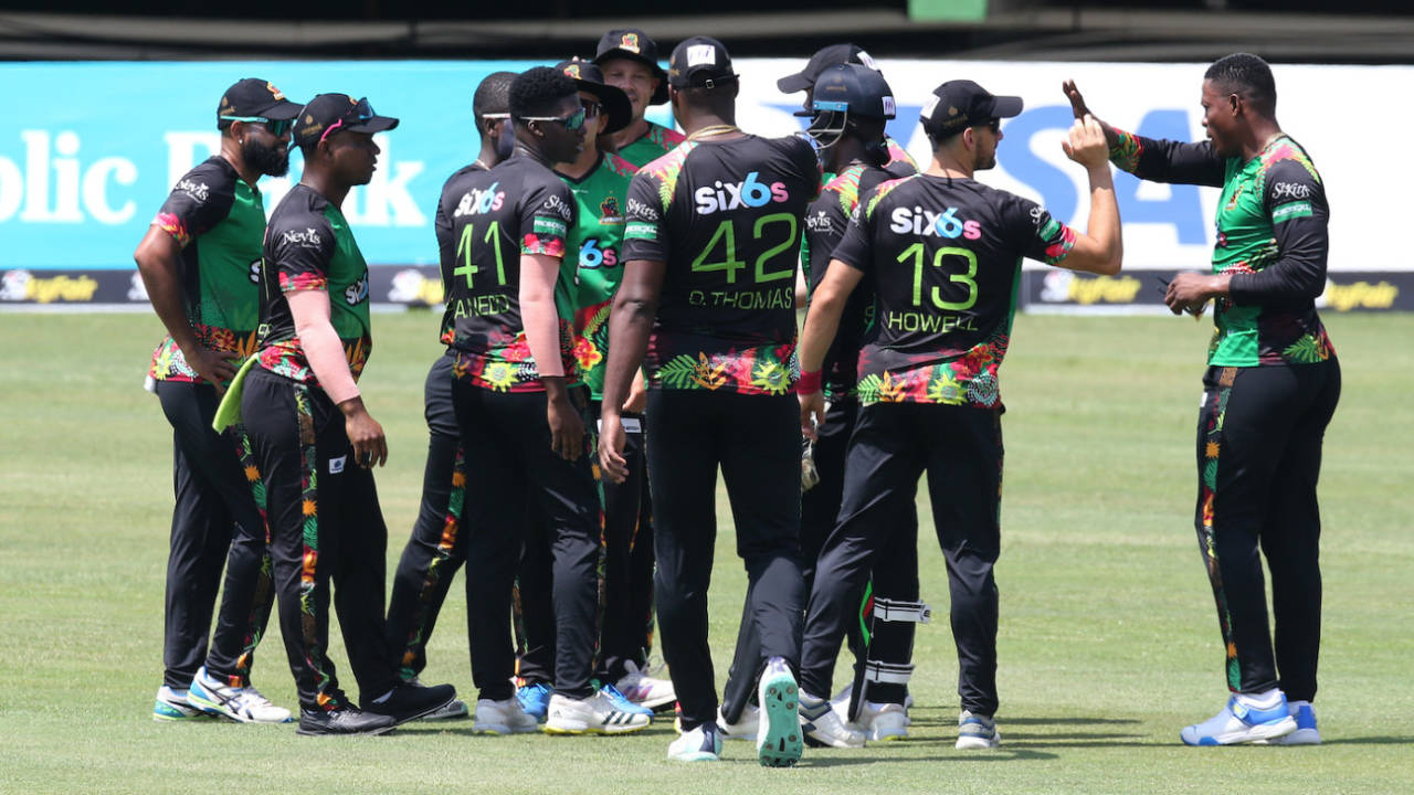 Ashmead Nedd, who took a two-for, celebrates with his team-mates, Jamaica Tallawahs vs St Kitts and Nevis Patriots, Providence, CPL, September 16, 2023