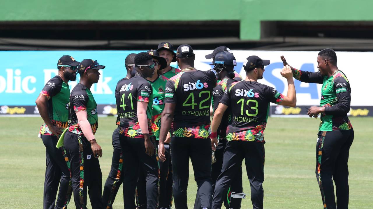 Ashmead Nedd, who took a two-for, celebrates with his team-mates, Jamaica Tallawahs vs St Kitts and Nevis Patriots, Providence, CPL, September 16, 2023