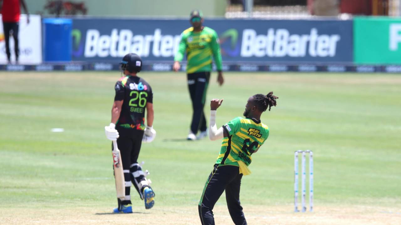 Shamar Springer celebrated Will Smeed's wicket with a chest roll, Jamaica Tallawahs vs St Kitts and Nevis Patriots, Providence, CPL, September 16, 2023