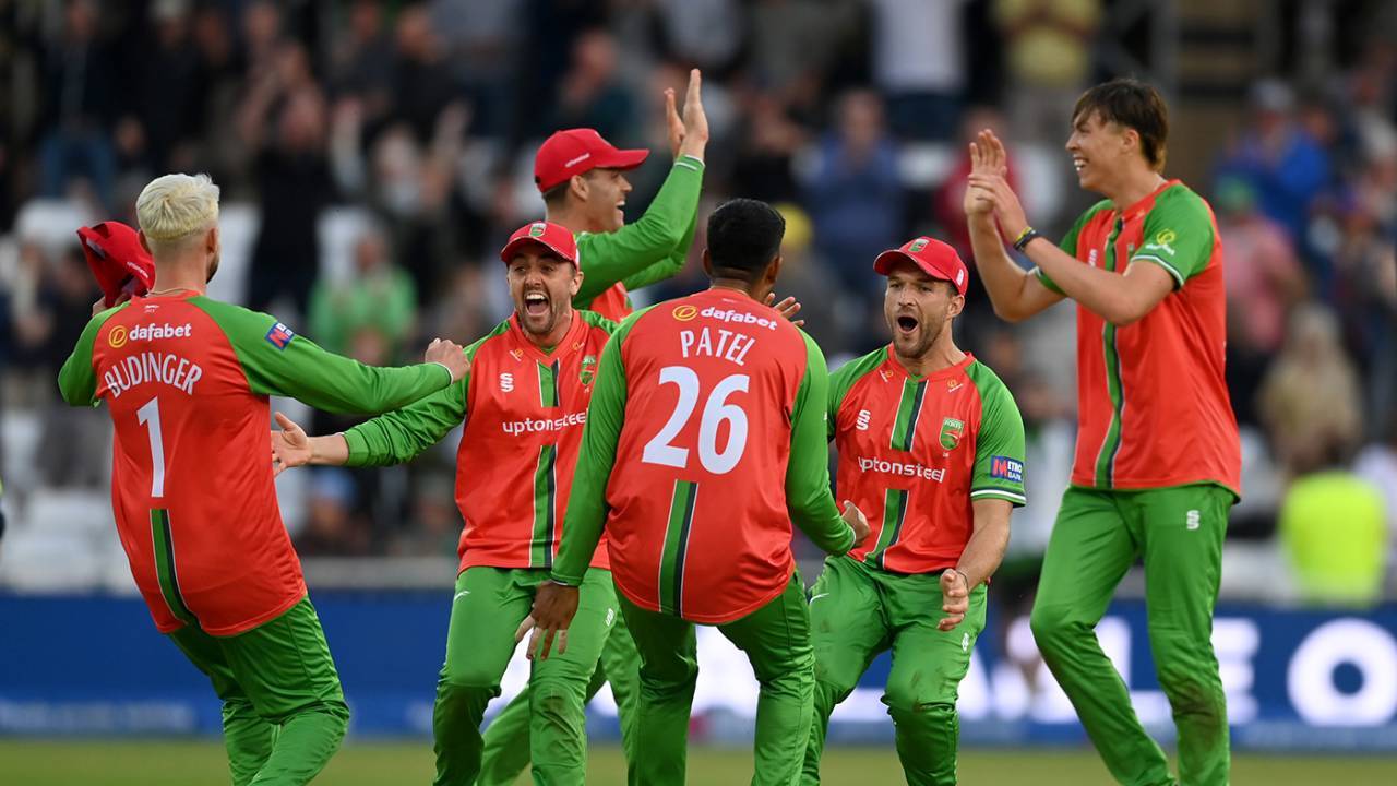 Leicestershire celebrate after Josh Hull closed out victory off the final ball, Leicestershire vs Hampshire, Metro Bank Cup final, Trent Bridge, September 16, 2023