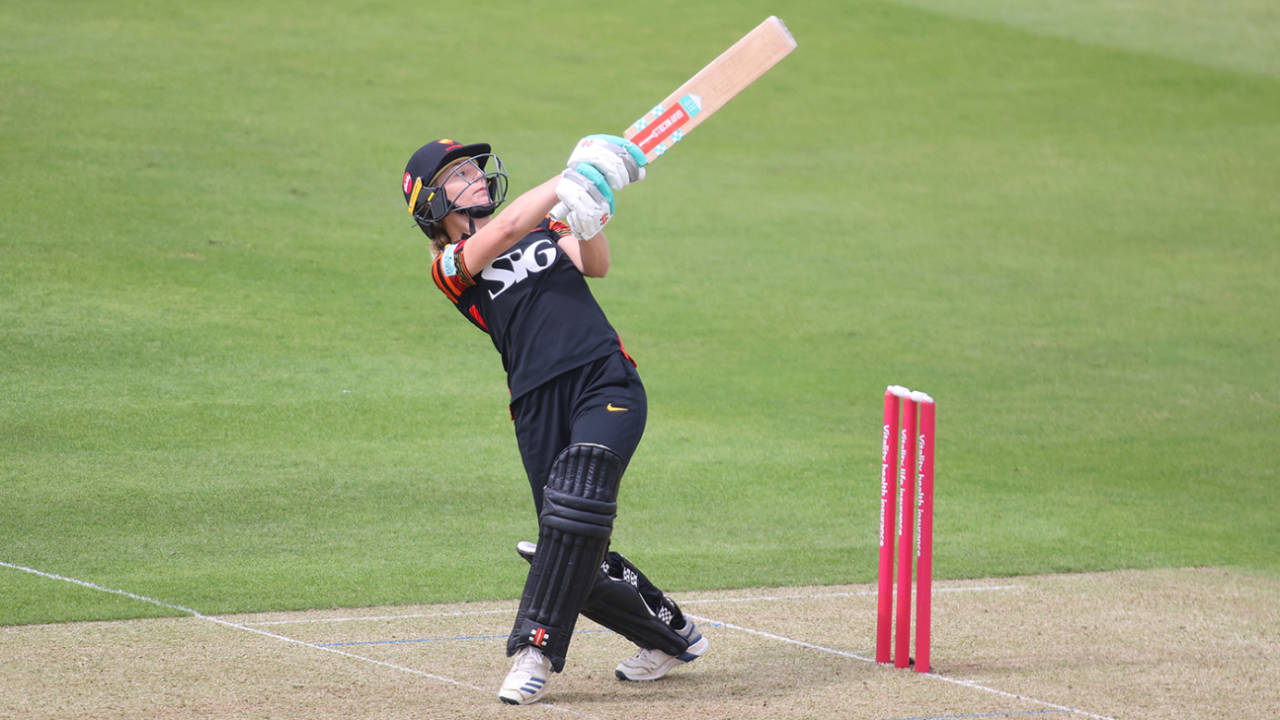Jo Gardner swings one to the leg side, Sunrisers vs South East Stars, Charlotte Edwards Cup, Lords on May 25, 2023