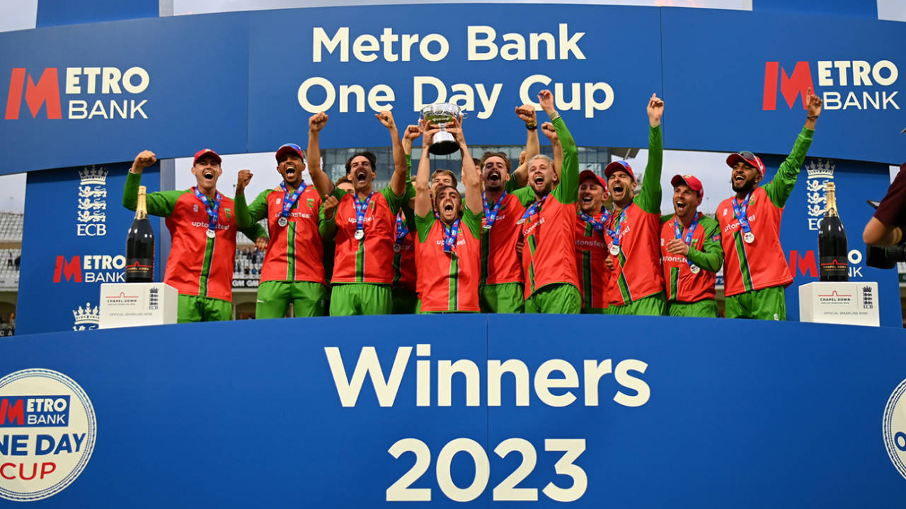 Captain Lewis Hill raises the Metro Bank One-Day Cup, Leicestershire vs Hampshire, Metro Bank Cup final, Trent Bridge, September 16, 2023