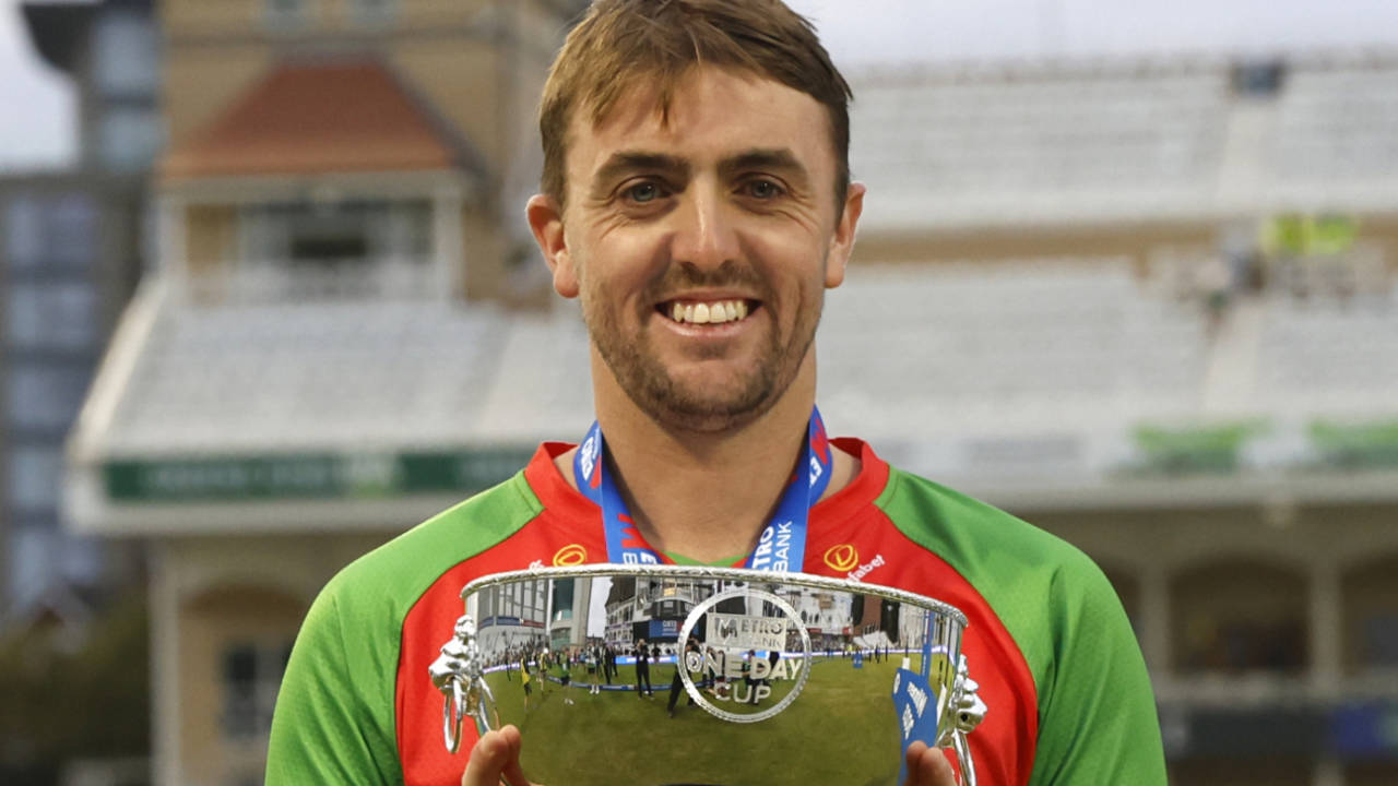 Captain Lewis Hill poses with the Metro Bank One-Day Cup, Leicestershire vs Hampshire, Metro Bank Cup final, Trent Bridge, September 16, 2023