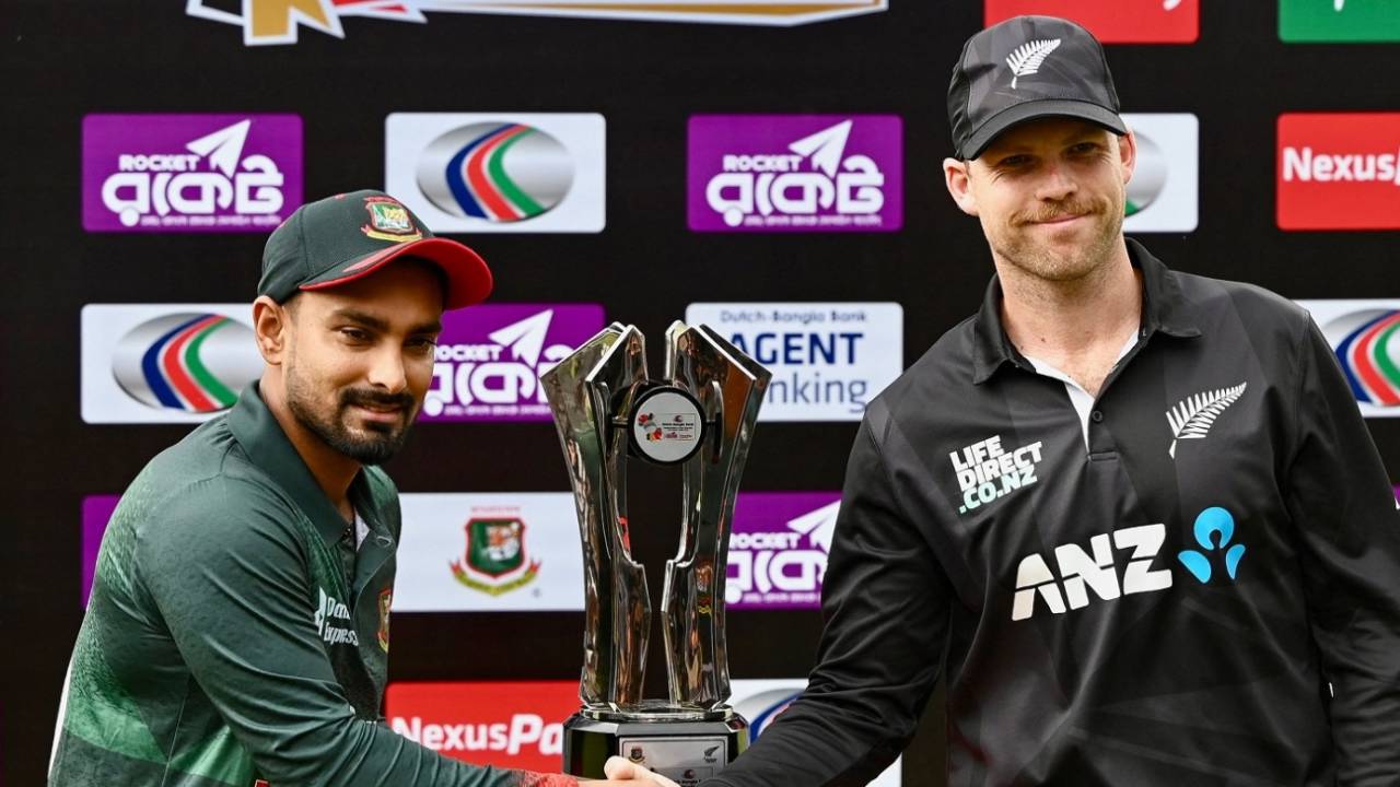 Lockie Ferguson and Litton Das are all smiles at a photo session ahead of the first ODI, Dhaka, September 20, 2023