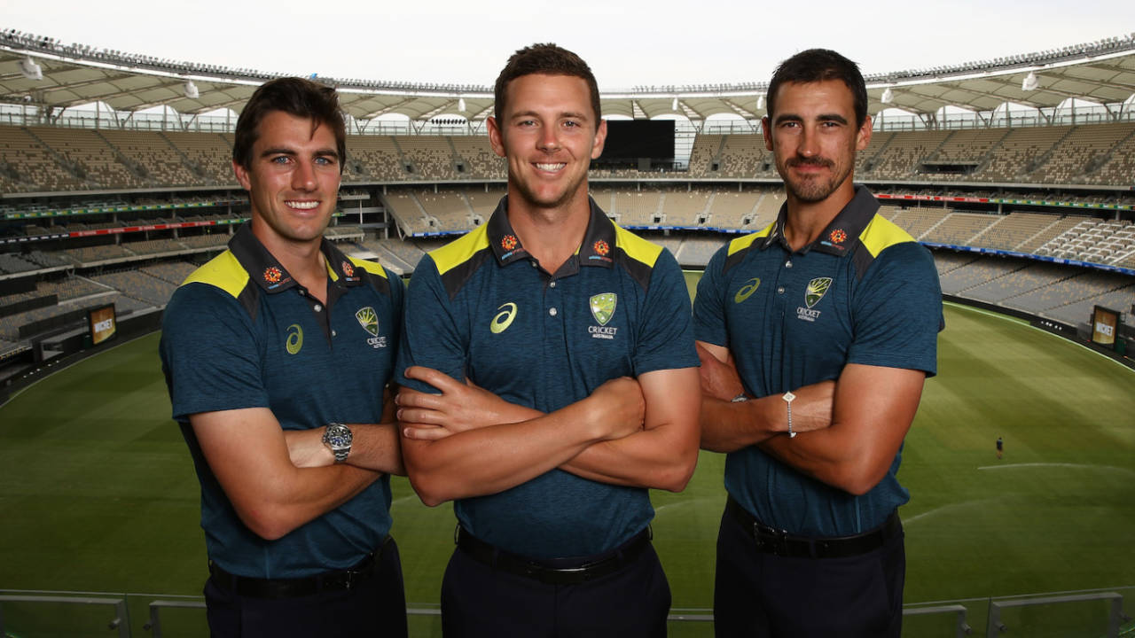 Pat Cummins, Josh Hazlewood and Mitchell Starc pose at a media opportunity two days before the first ODI against South Africa, Perth, November 2, 2018
