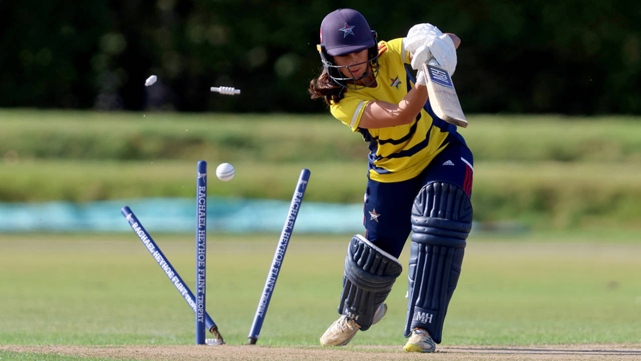 Stars' Kira Chathli is bowled with the second ball of the match&nbsp;&nbsp;&bull;&nbsp;&nbsp;Getty Images for Surrey CCC