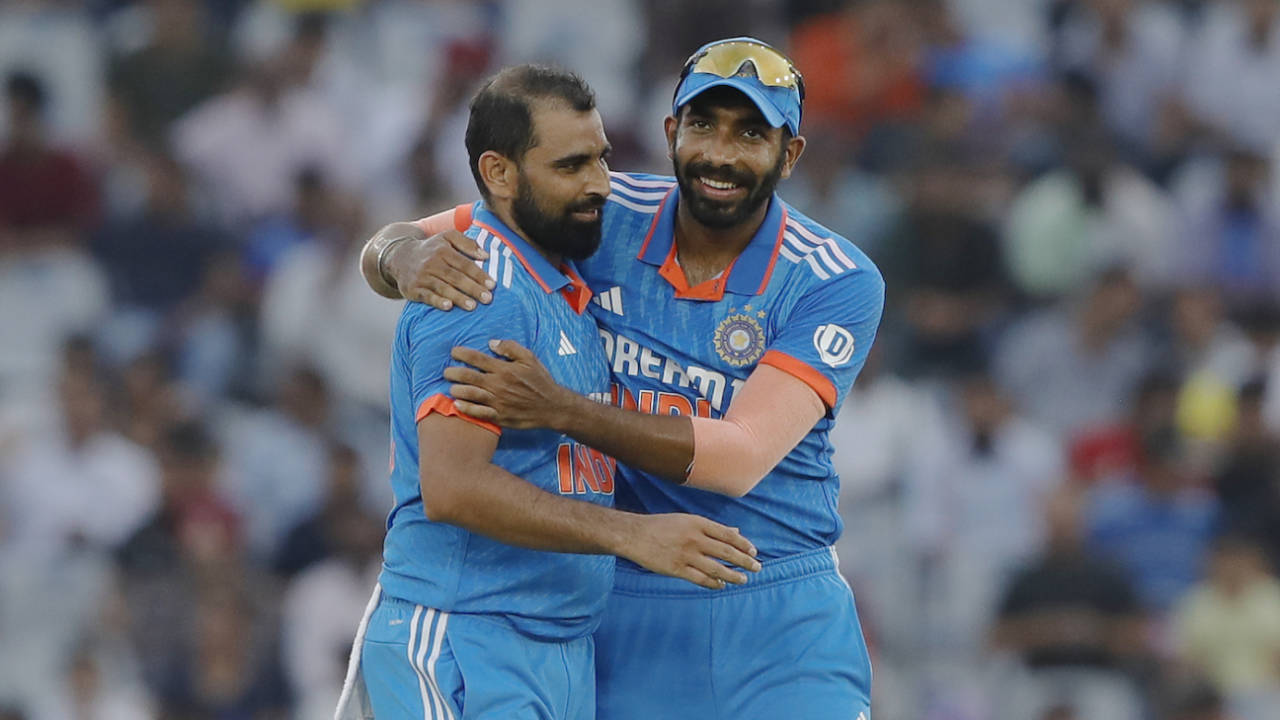 Enjoying each other's success - Jasprit Bumrah celebrates with Mohammed Shami, India vs Australia, 1st ODI, Mohali, September 22, 2023