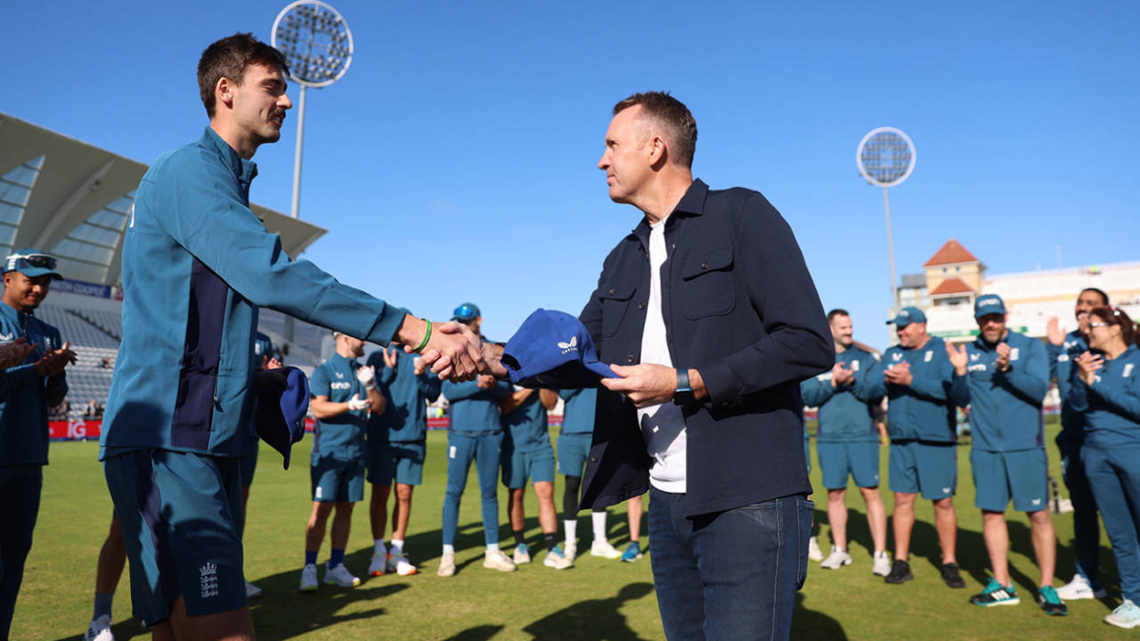 George Scrimshaw was given his ODI cap by Dominic Cork, England vs Ireland, 2nd ODI, Trent Bridge, September 23, 2023