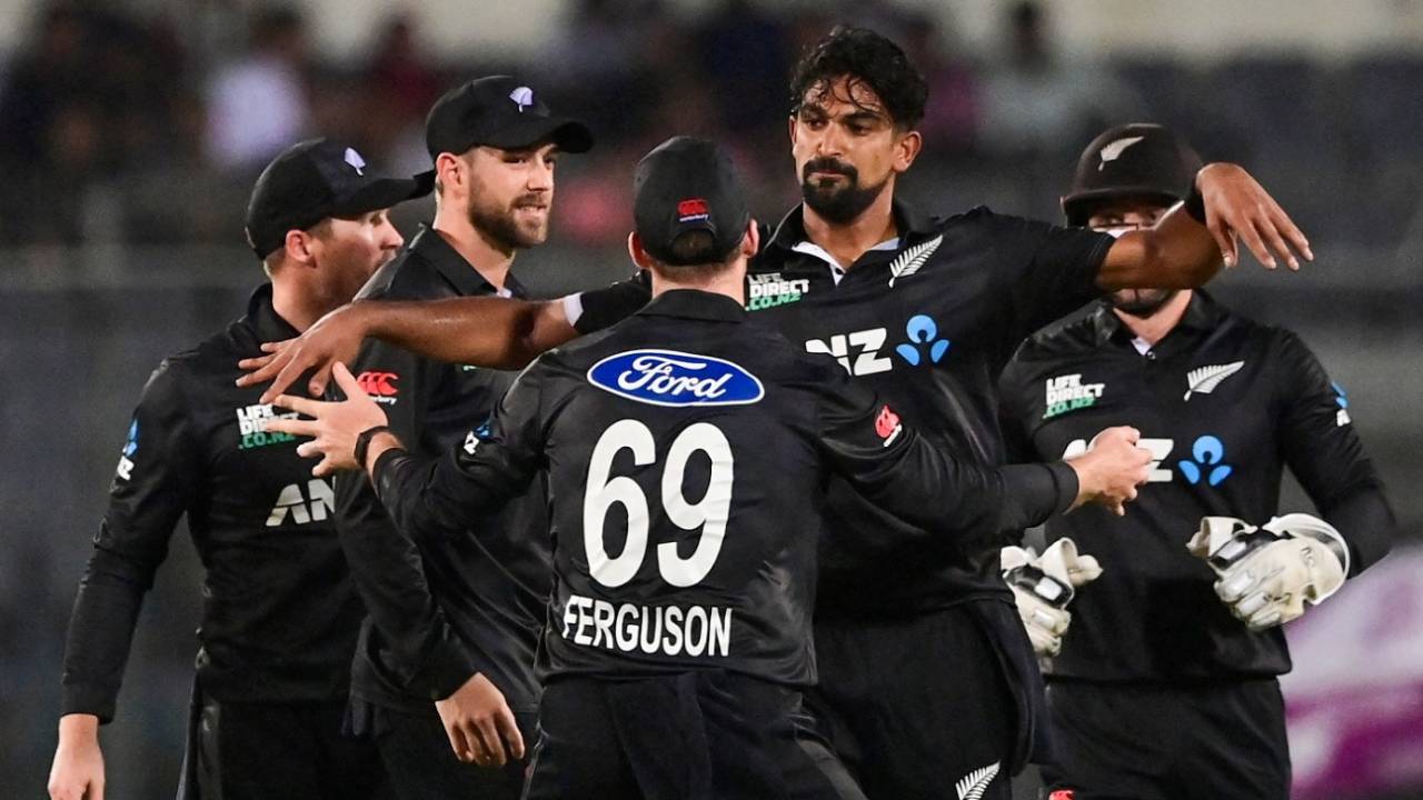 Ish Sodhi celebrates after taking six wickets against Bangladesh&nbsp;&nbsp;&bull;&nbsp;&nbsp;AFP/Getty Images