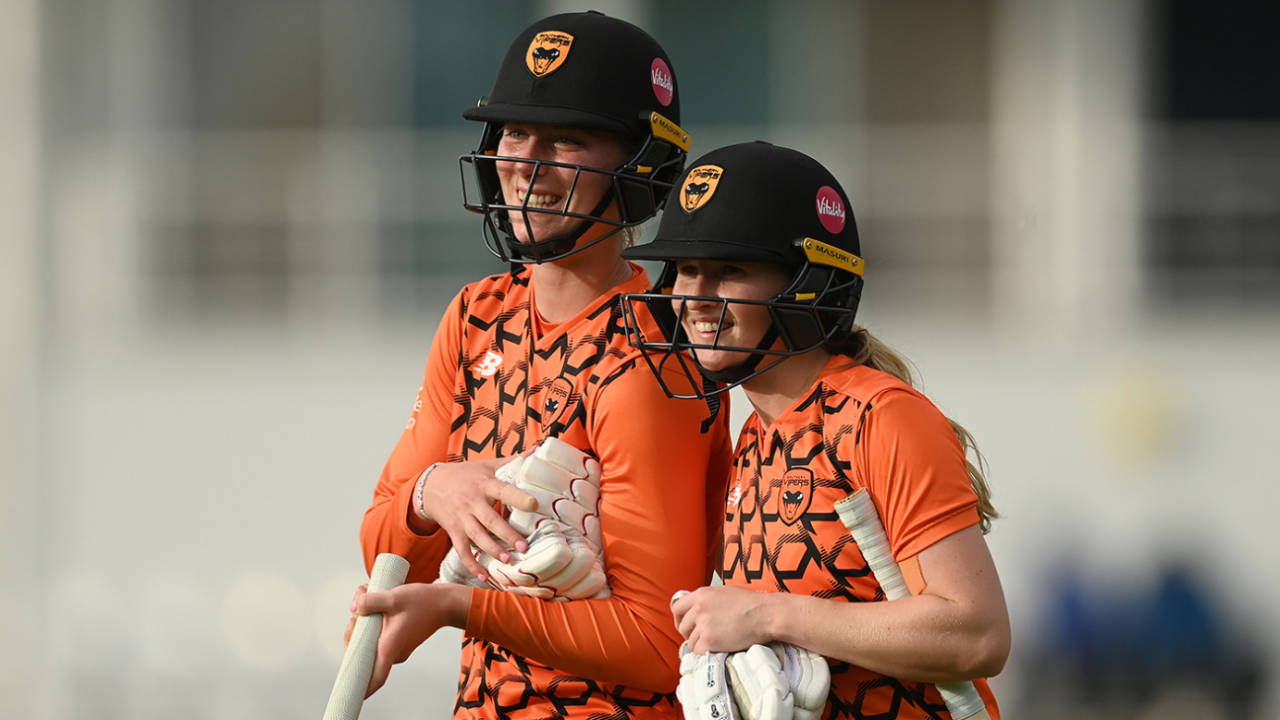 Freya Kemp and Emily Windsor leave the field after Southern Vipers' victory, Southern Vipers vs Blaze, Rachael Heyhoe Flint Trophy final, Northampton, September 24, 2023