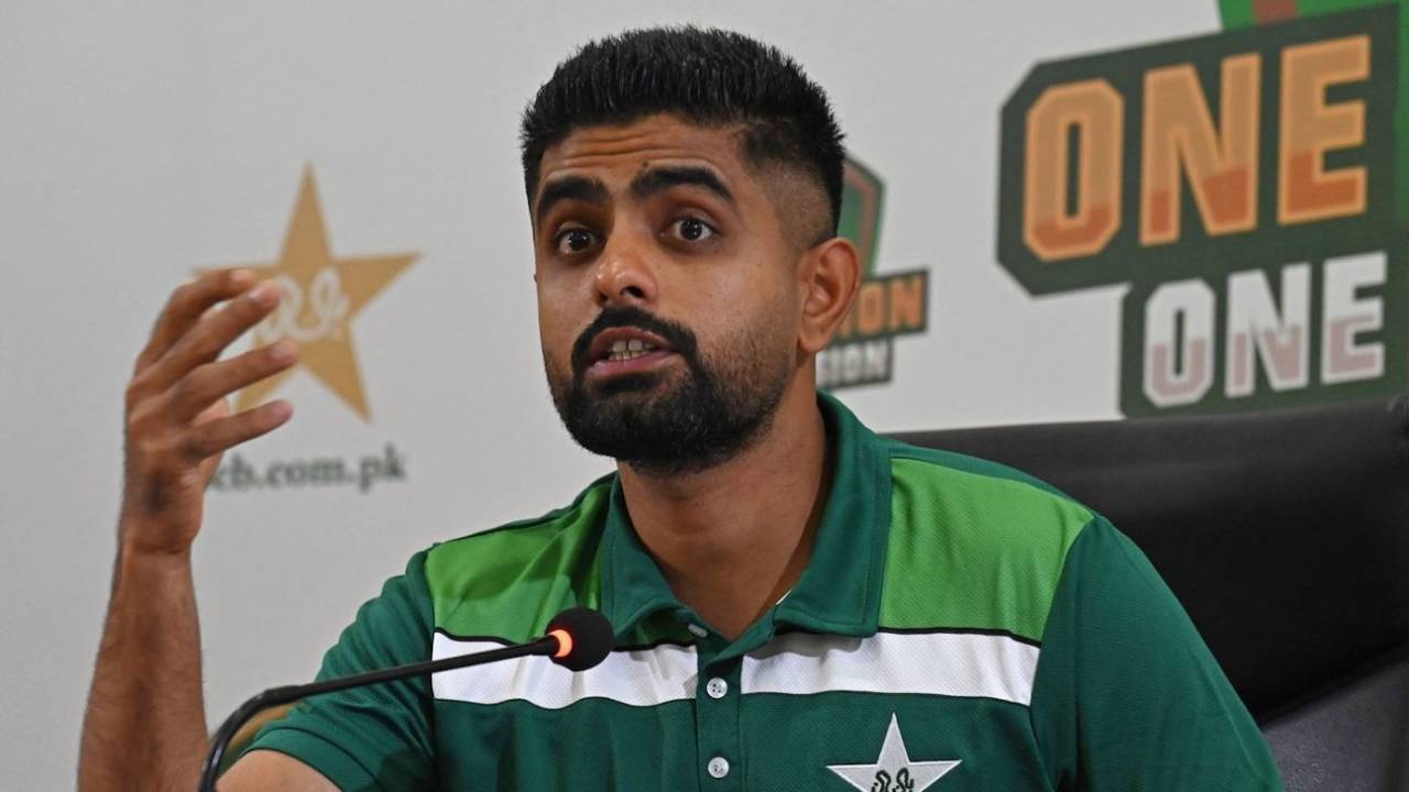 Babar Azam addresses a press conference before Pakistan's departure to India&nbsp;&nbsp;&bull;&nbsp;&nbsp;AFP via Getty Images