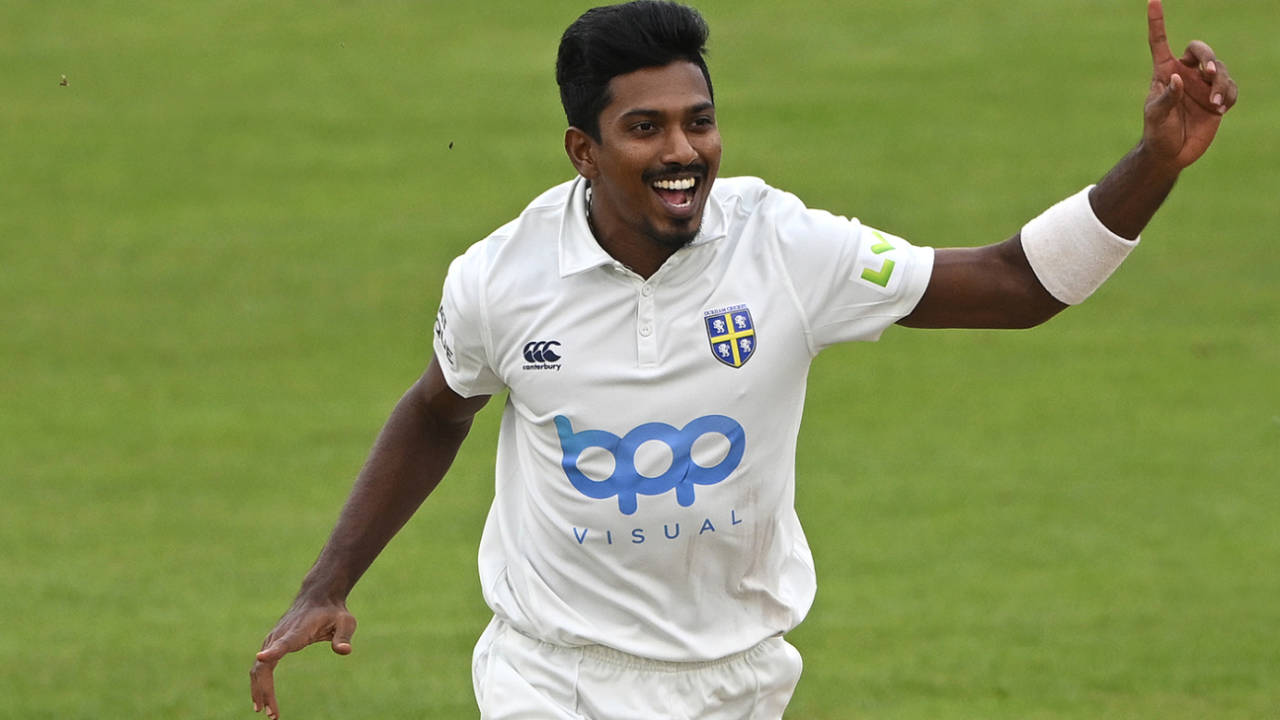 Vishwa Fernando celebrates a wicket, Durham vs Leicestershire, County Championship, Division Two, Chester-le-Street, September 28, 2023