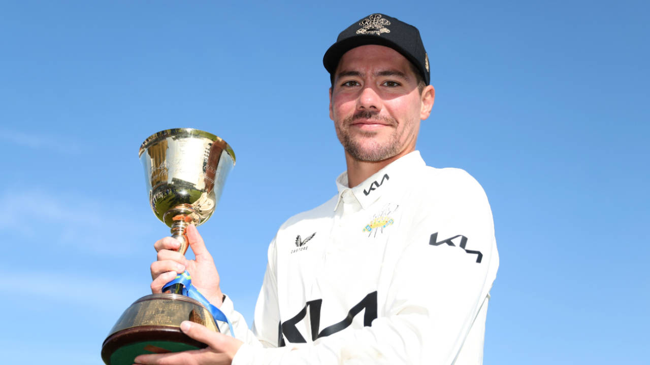 Rory Burns poses with the County Championship trophy after captaining Surrey to back-to-back titles, Hampshire vs Surrey, County Championship, Division One, Ageas Bowl, September 29, 2023