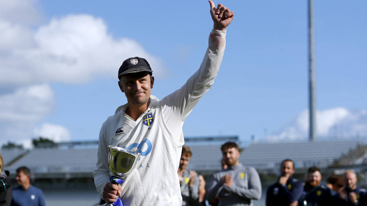 Scott Borthwick with the Division Two trophy, Durham vs Leicestershire, County Championship, Division Two, Chester-le-Street, September 29, 2023