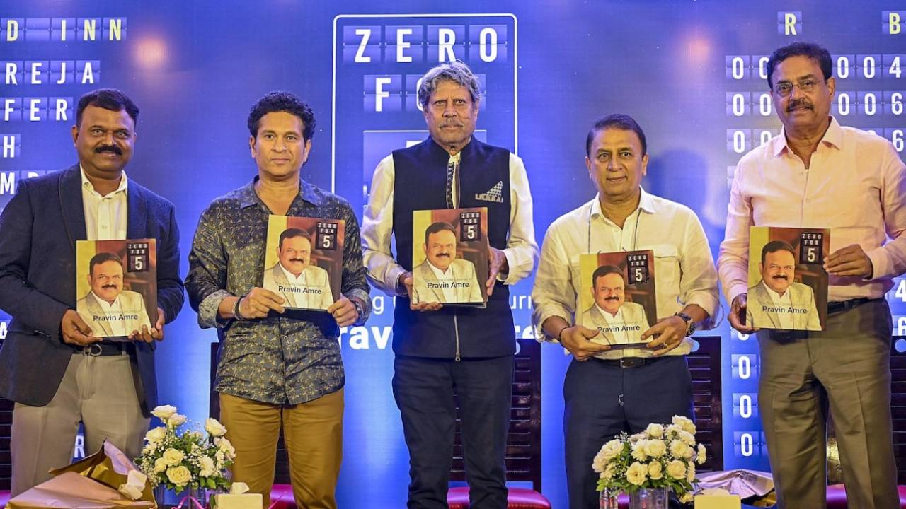 Pravin Amre, Sachin Tendulkar, Kapil Dev, Sunil Gavaskar and Dilip Vengsarkar at a book launch, Mumbai, October 1, 2023