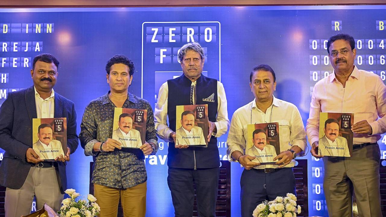 Pravin Amre, Sachin Tendulkar, Kapil Dev, Sunil Gavaskar and Dilip Vengsarkar at a book launch, Mumbai, October 1, 2023