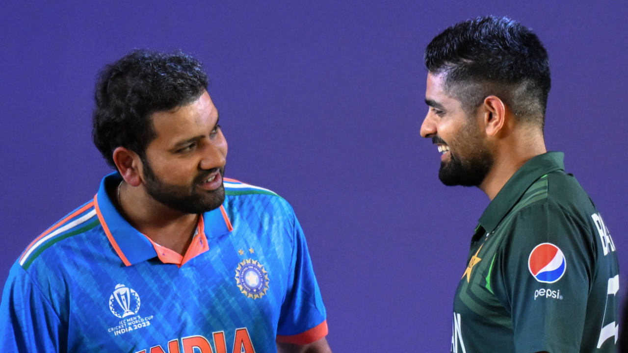 Rohit Sharma and Babar Azam catch up at the captains' day event, World Cup 2023, Ahmedabad, October 4, 2023
