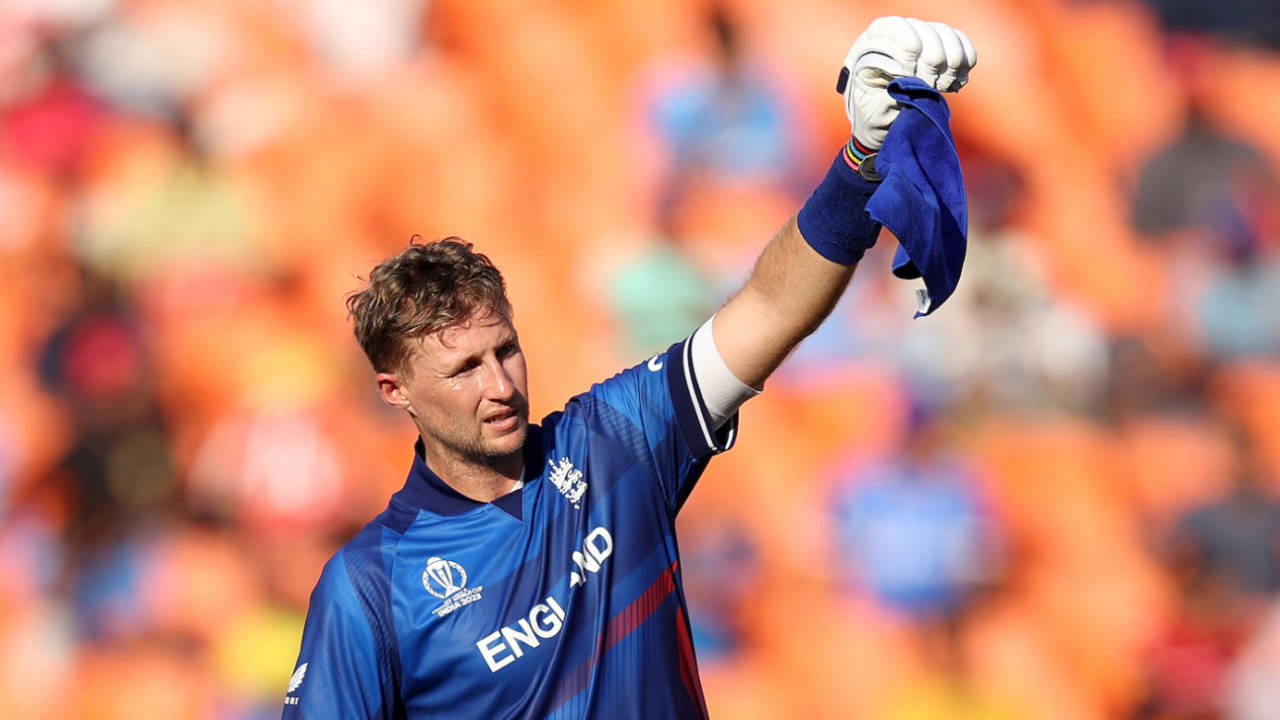 Joe Root signals to the dressing room during his 77, England vs New Zealand, World Cup 2023, Ahmedabad, October 5, 2023