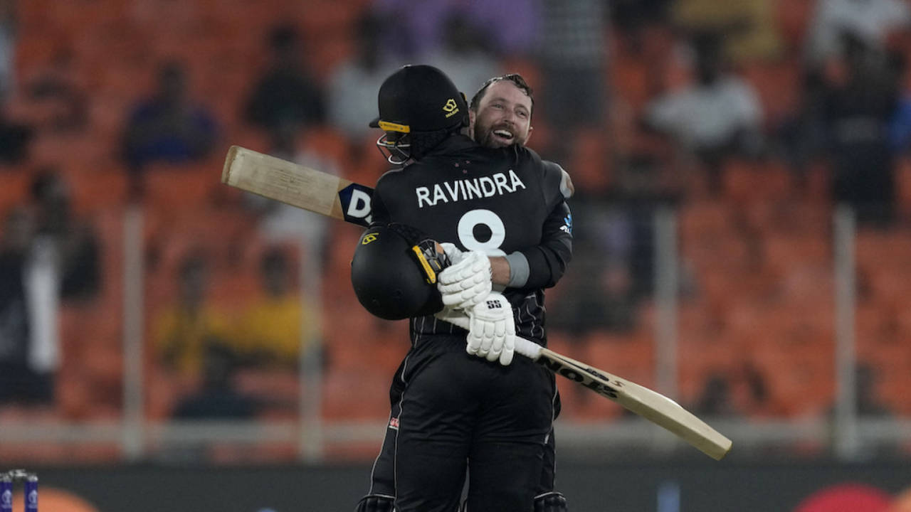 Rachin Ravindra embraces his Wellington team-mate Devon Conway for a century, England vs New Zealand, Men's ODI World Cup 2023, Ahmedabad, October 5, 2023